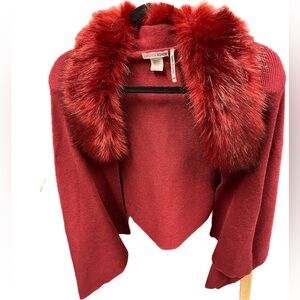 Chic Red Shrug with Fluffy Fur Collar